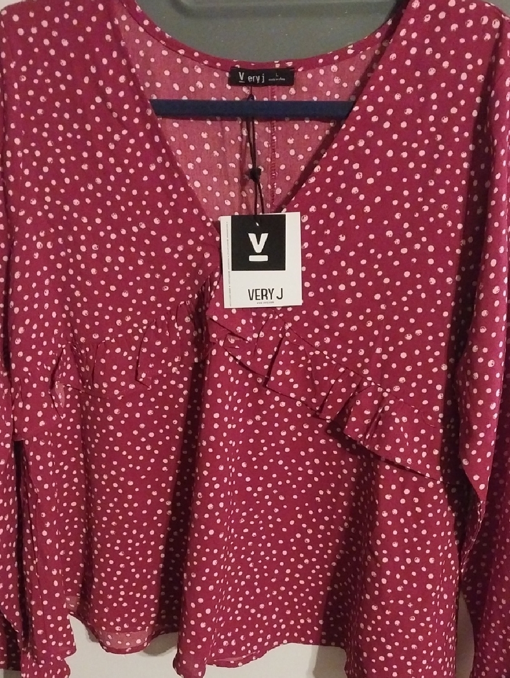Very J Magenta Polka Dot Ruffle V-Neck Blouse
